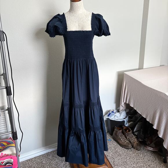 TUCKERNUCK Tory Burch Navy Maxi Dress XL Puff Sleeve Tiered Quiet Luxury NWOT - Picture 3 of 15